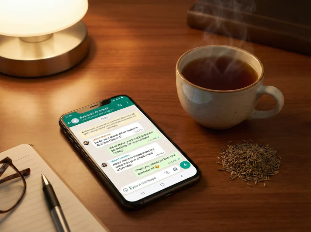 Smartphone showing chat interface next to cumin seeds - 24/7 support for spice export inquiries