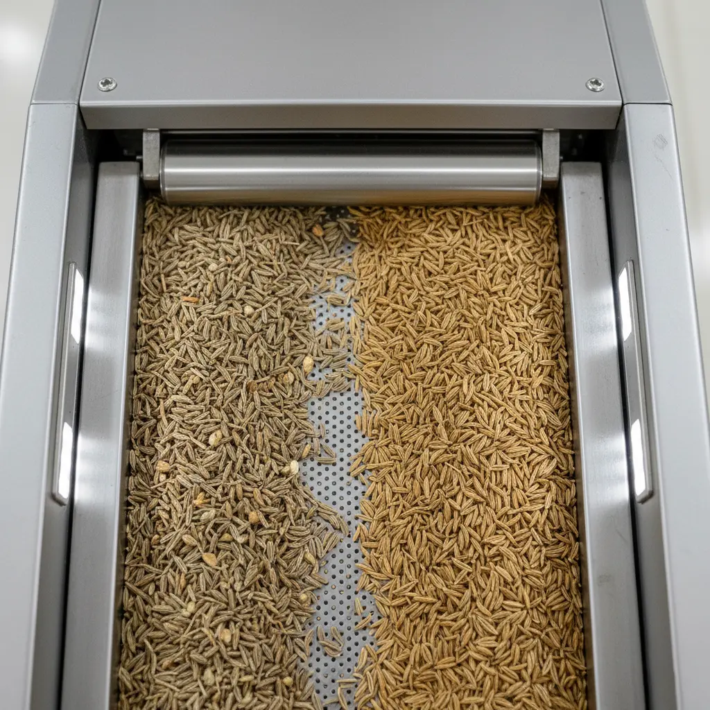 Macro shot of Kerman cumin seeds being cleaned and sorted on a modern machine.