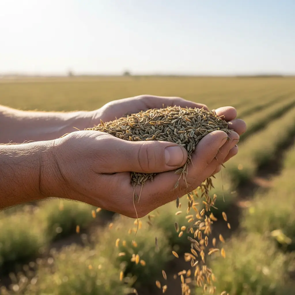 A farmer's hands holding freshly harvested Kerman cumin seeds on the farm.