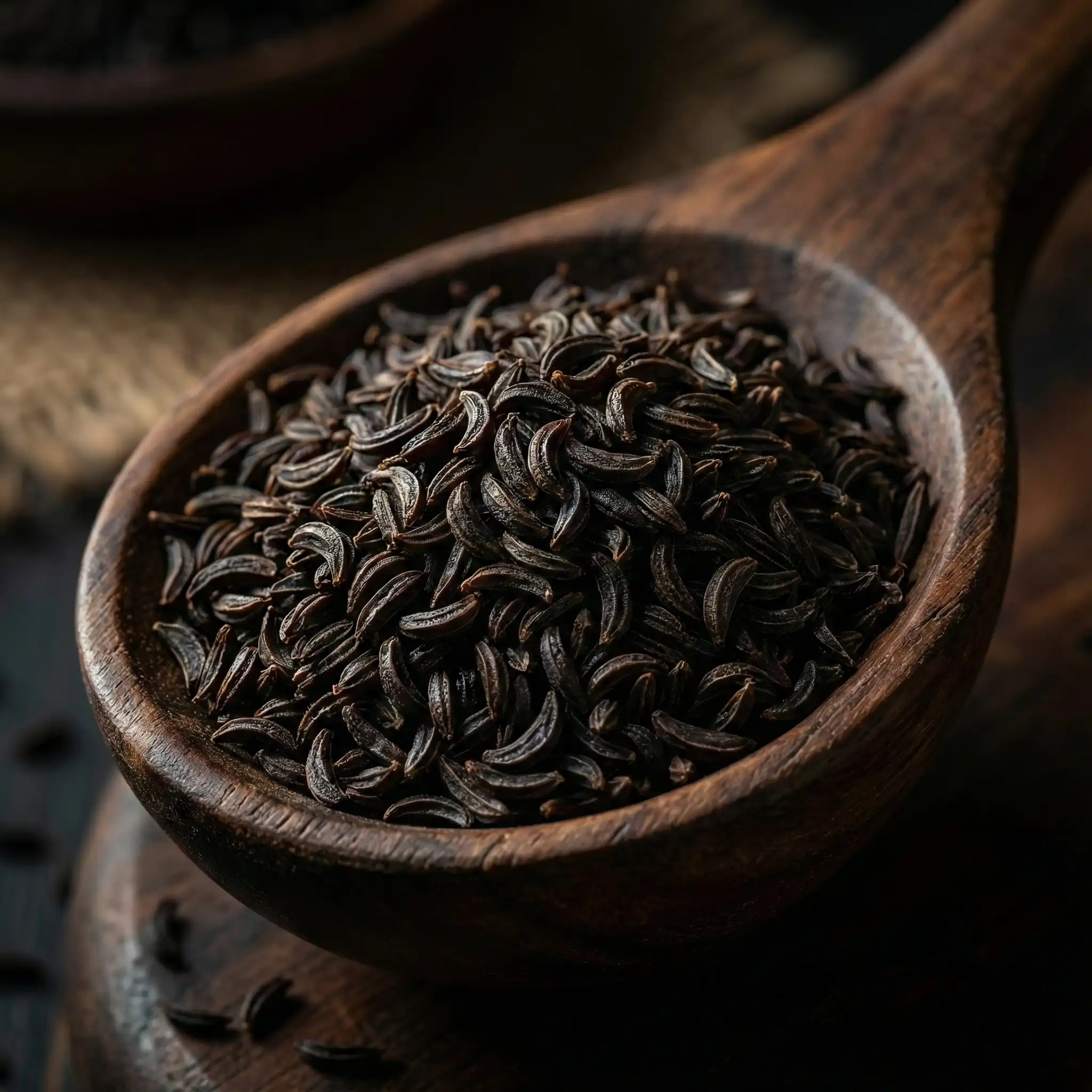 Premium Persian Black Caraway seeds (Kerman Black Cumin) in a wooden scoop - Dark and aromatic wild variety