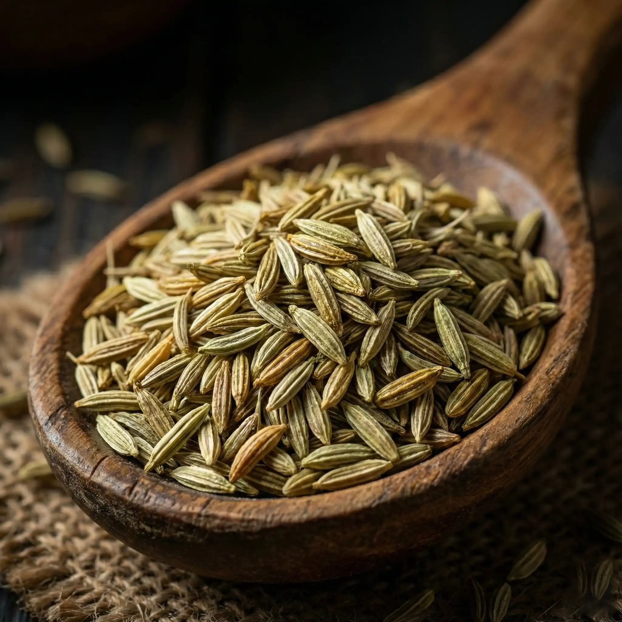 Premium Green Cumin Seeds in a wooden spoon - High purity Kerman cumin