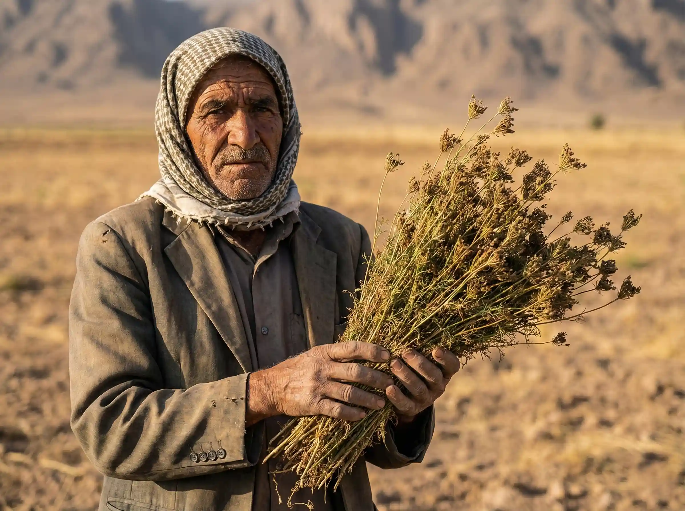 Local farmer harvesting organic cumin in Kerman - Direct sourcing from farm to export